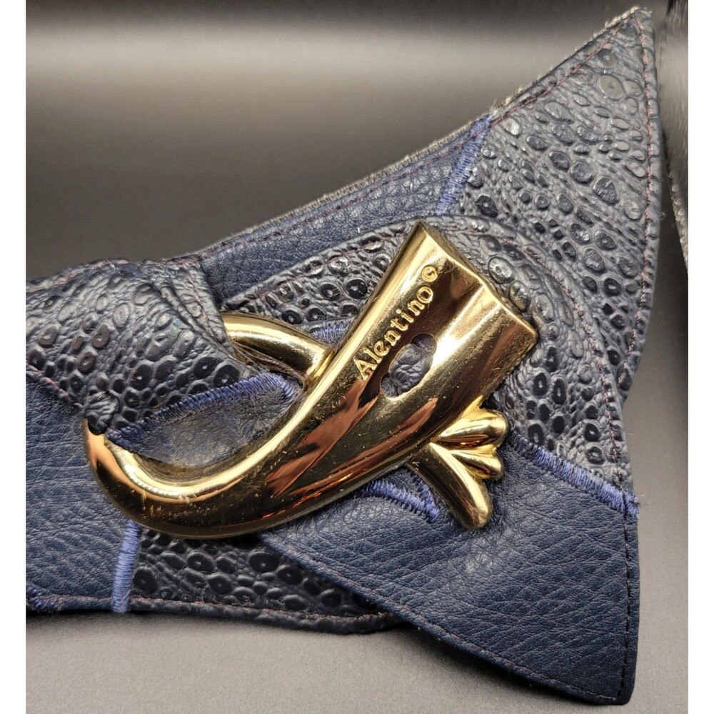 Vintage 1980's Wrap Around Blue with Black Snake Print Gold Belt Buckle Alentino - Picture 2 of 8